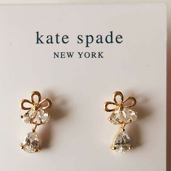 Kate Spade Flower Stud Dangle Earrings Gold and Cubic Zirconia NEW ON CARD NEW